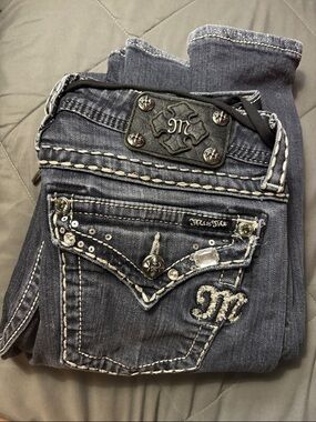 Miss Me Gray Wash Boot Cut Jeans with Embellished Pockets